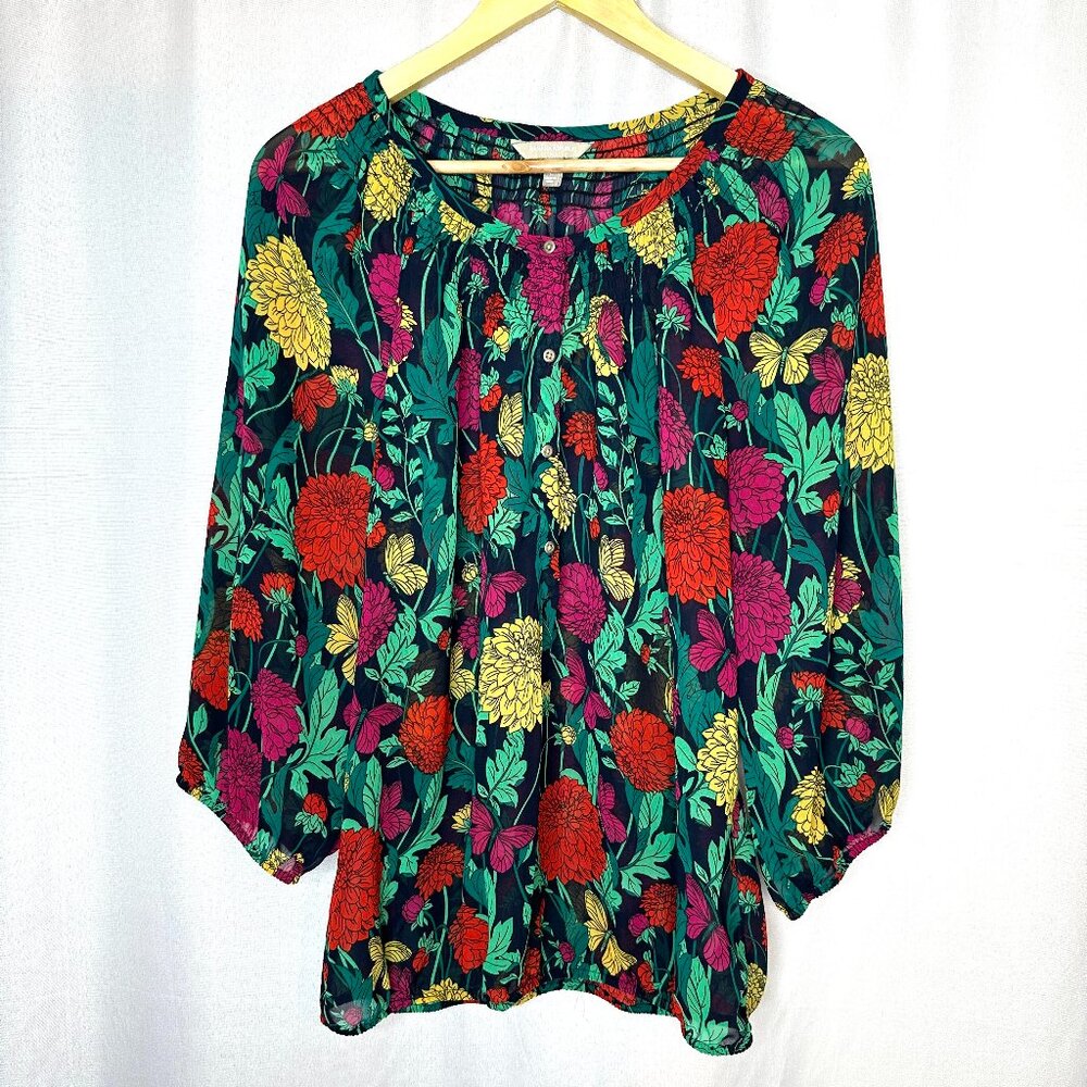 Colorful‎ Boho Nature Banana Republic Sheer Floral Peasant blouse, Large